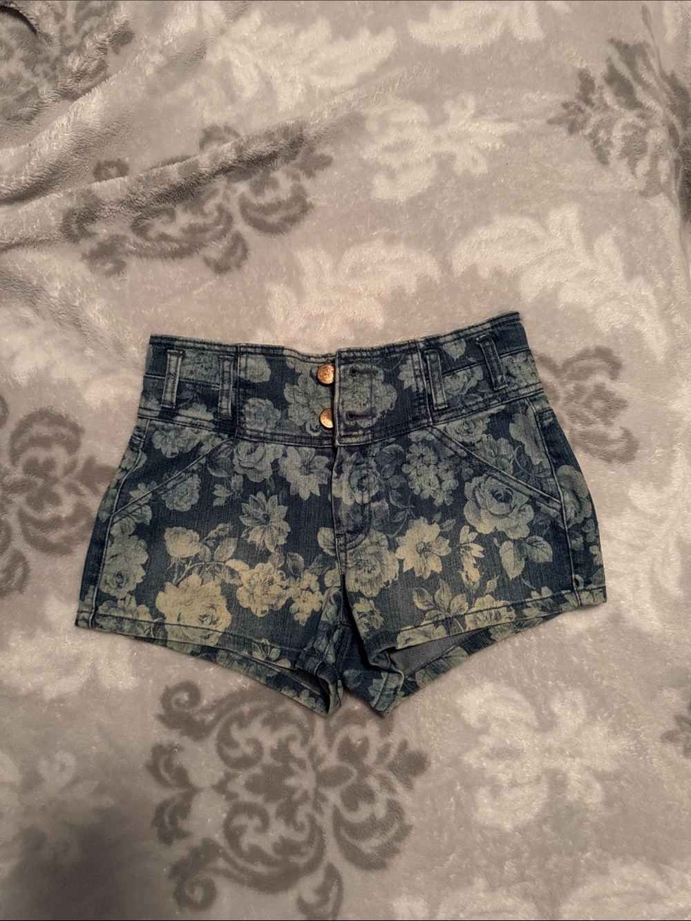 Floral Print High-Waist Denim Shorts - Blue